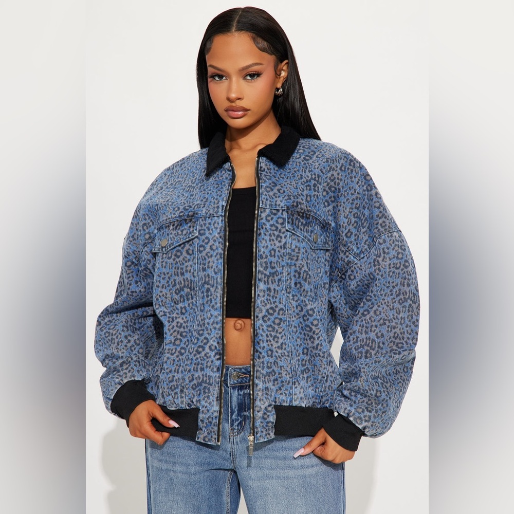 Spotted Out Oversized Denim Bomber Jacket - Medium Wash